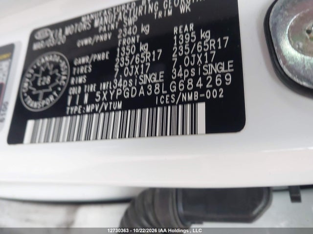 12730363 :رقم المزاد ، 5XYPGDA38LG684269 vin ، 2020 Kia Sorento 2.4l Lx/2.4l Lx+/3.3l Lx+ مزاد بيع