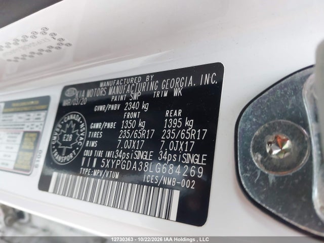 12730363 :رقم المزاد ، 5XYPGDA38LG684269 vin ، 2020 Kia Sorento 2.4l Lx/2.4l Lx+/3.3l Lx+ مزاد بيع