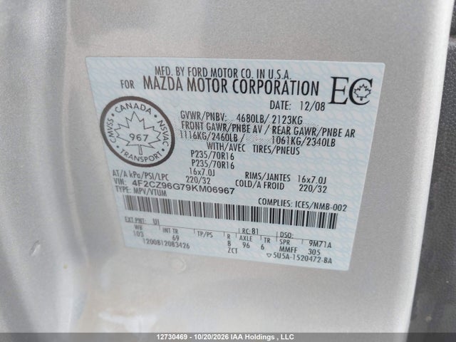 Aukcja sprzedaży 2009 Mazda Tribute Gs V6/gt V6/gx V6, vin: 4F2CZ96G79KM06967, numer aukcji: 12730469