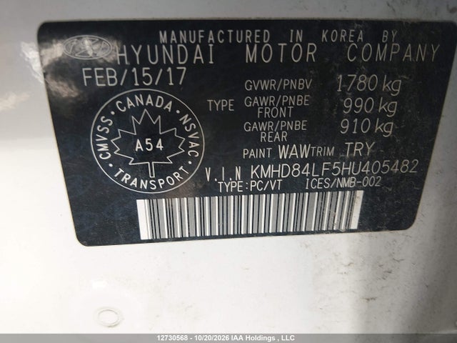 12730568 :رقم المزاد ، KMHD84LF5HU405482 vin ، 2017 Hyundai Elantra Gls مزاد بيع