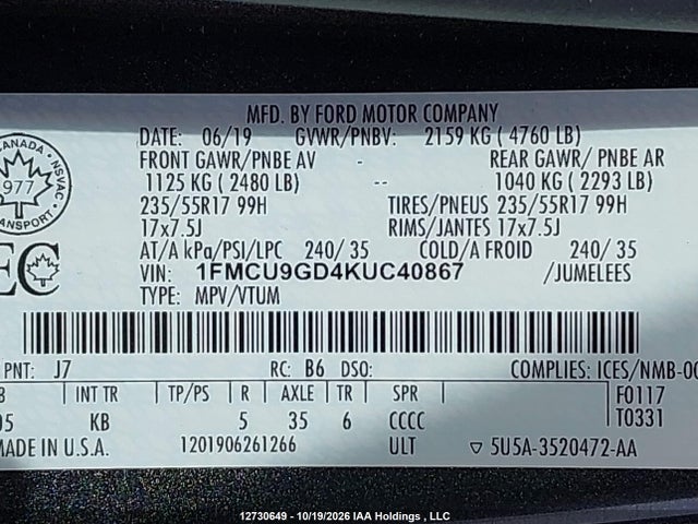 Ford ESCAPE SE 2019 1FMCU9GD4KUC40867 Image 9
