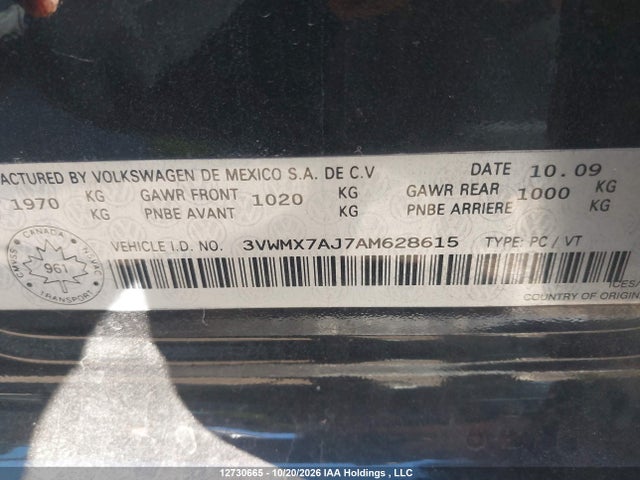 12730665 :رقم المزاد ، 3VWMX7AJ7AM628615 vin ، 2010 Volkswagen Jetta S مزاد بيع