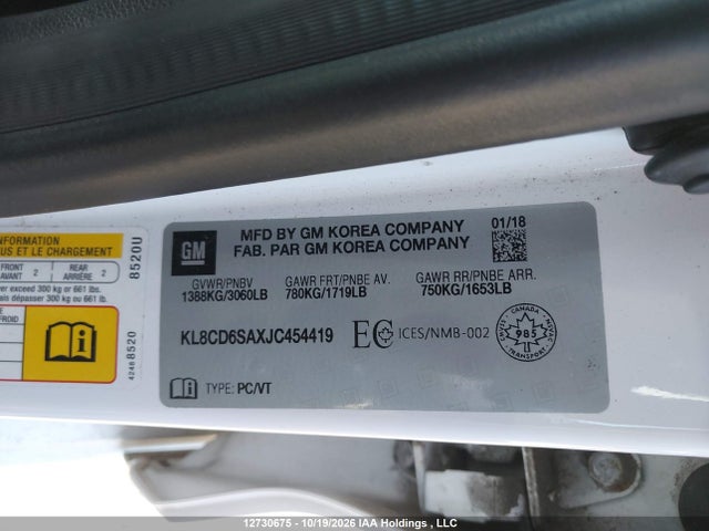 12730675 :رقم المزاد ، KL8CD6SAXJC454419 vin ، 2018 Chevrolet Spark 1lt مزاد بيع