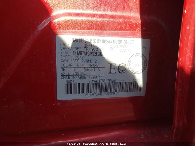 3N1AB7AP0JY320982 Nissan Sentra 1.8 S/1.8 Sv/1.8 Sv Midnight Edition