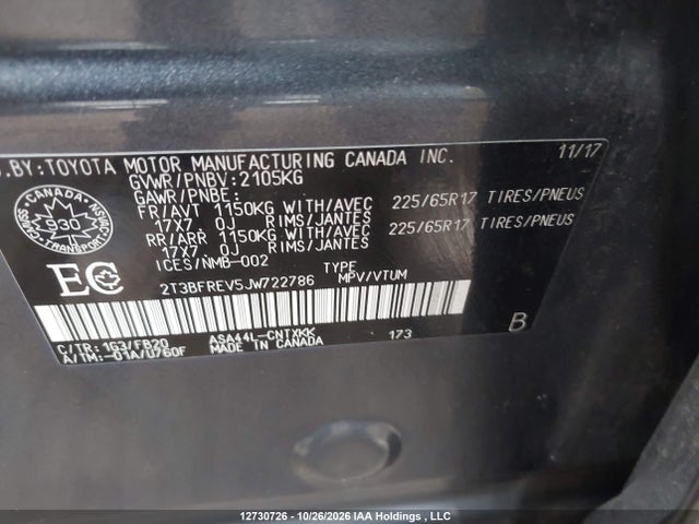 Aukcja sprzedaży 2018 Toyota Rav4 Le, vin: 2T3BFREV5JW722786, numer aukcji: 12730726