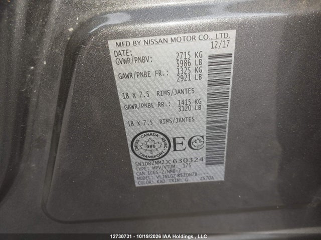 5N1DR2MM2JC630324 Nissan Pathfinder S/sv/sl/platinum