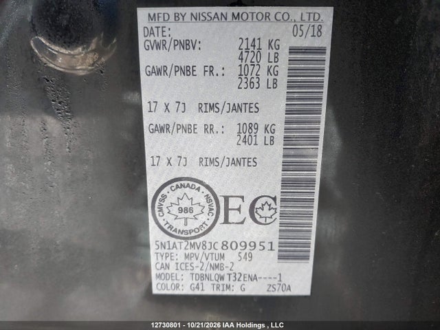 12730801 :رقم المزاد ، 5N1AT2MV8JC809951 vin ، 2018 Nissan Rogue Midnight Edition/s/sl/sl W/propilot Assist/sv مزاد بيع