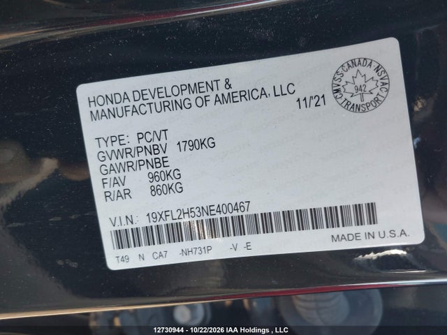 Auction sale of the 2022 Honda Civic Lx, vin: 19XFL2H53NE400467, lot number: 12730944