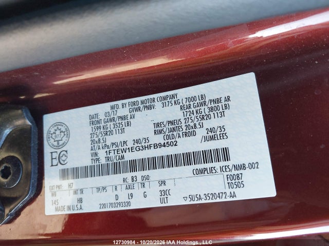Aukcja sprzedaży 2017 Ford F-150 Lariat, vin: 1FTEW1EG3HFB94502, numer aukcji: 12730984