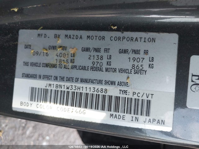 JM1BN1W33H1113688 Mazda Mazda3 Gt