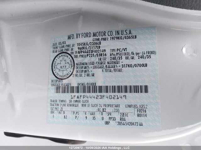 Aukcja sprzedaży 2003 Ford Mustang, vin: 1FAFP44423F402149, numer aukcji: 12720972