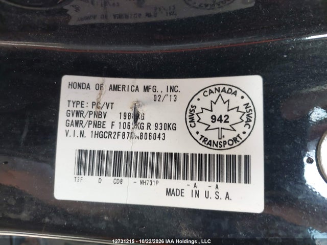 12731215 :رقم المزاد ، 1HGCR2F87DA806043 vin ، 2013 Honda Accord Ex-l مزاد بيع