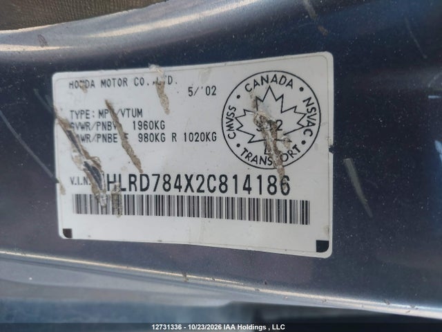 12731336 :رقم المزاد ، JHLRD784X2C814186 vin ، 2002 Honda Cr-v Lx مزاد بيع