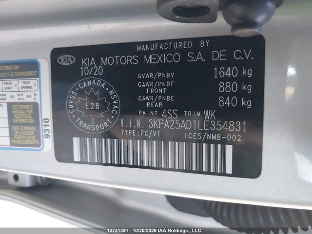 Auction sale of the 2020 Kia Rio Lx/lx+, vin: 3KPA25AD1LE354831, lot number: 12731391