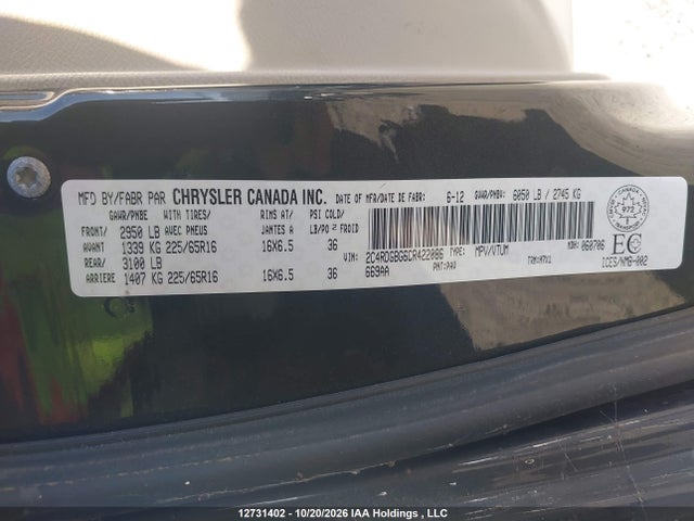 12731402 :رقم المزاد ، 2C4RDGBG6CR422086 vin ، 2012 Dodge Grand Caravan Se مزاد بيع