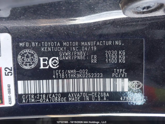4T1B11HK9KU252323 Toyota CAMRY SE