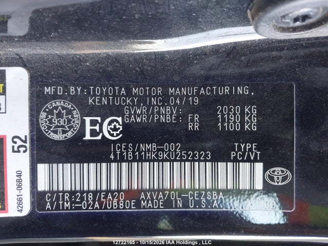 4T1B11HK9KU252323 Toyota CAMRY SE