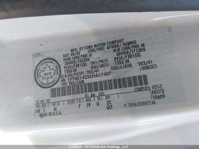 Aukcja sprzedaży 2003 Ford E-150 Commercial, vin: 1FTRE14233HA17407, numer aukcji: 12725025