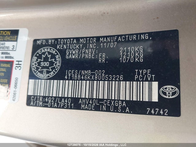 12728075 :رقم المزاد ، 4T1BB46KX8U053226 vin ، 2008 Toyota Camry Hybrid مزاد بيع