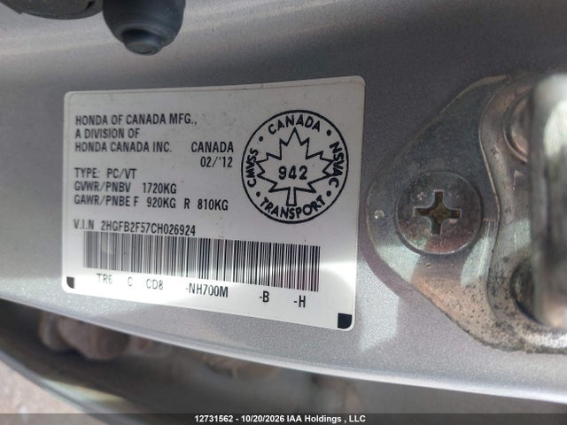 Auction sale of the 2012 Honda Civic Lx, vin: 2HGFB2F57CH026924, lot number: 12731562