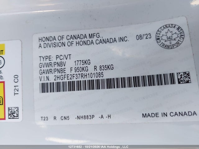 Auction sale of the 2024 Honda Civic Ex, vin: 2HGFE2F37RH101085, lot number: 12731652