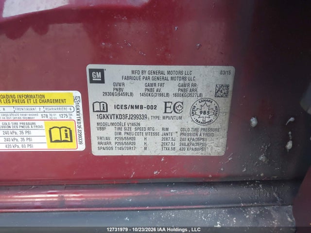 12731979 :رقم المزاد ، 1GKKVTKD3FJ299339 vin ، 2015 Gmc Acadia Denali مزاد بيع