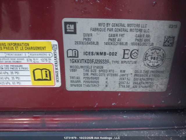 12731979 :رقم المزاد ، 1GKKVTKD3FJ299339 vin ، 2015 Gmc Acadia Denali مزاد بيع