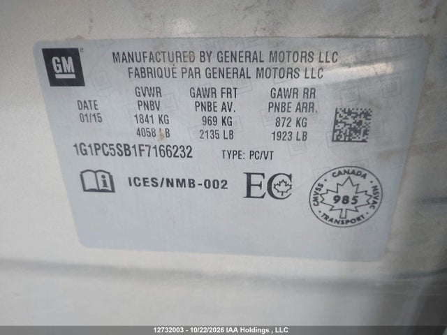 Chevrolet CRUZE LT 2015 1G1PC5SB1F7166232 Image 9
