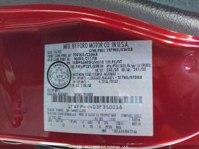 2003 Ford Mustang მანქანა იყიდება აუქციონზე, vin: 1FAFP44403F350018, აუქციონის ნომერი: 12705559