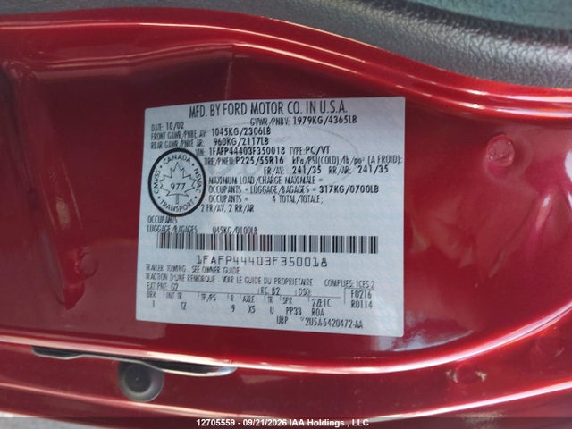 2003 Ford Mustang მანქანა იყიდება აუქციონზე, vin: 1FAFP44403F350018, აუქციონის ნომერი: 12705559