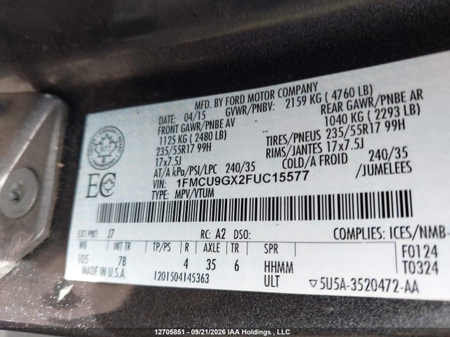 Ford ESCAPE SE 2015 1FMCU9GX2FUC15577 Image 18