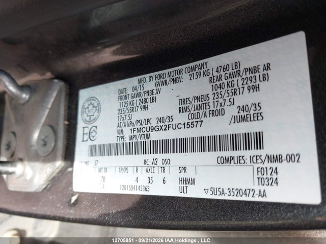 Ford ESCAPE SE 2015 1FMCU9GX2FUC15577 Image 9