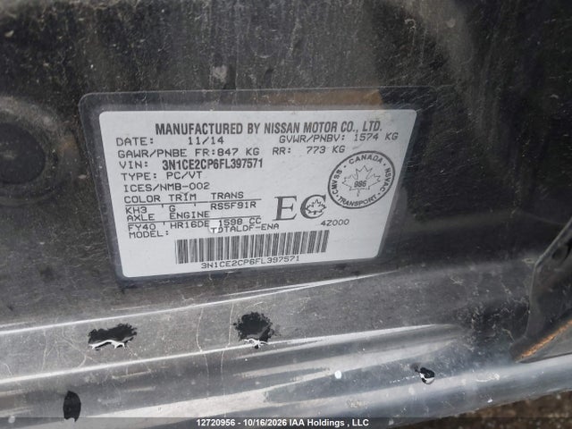 3N1CE2CP6FL397571 Nissan Versa Note 1.6 S/1.6 Sl/1.6 Sr/1.6 Sv