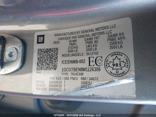 12732203 :رقم المزاد ، 1GCGTBEN8M1126306 vin ، 2021 Chevrolet Colorado مزاد بيع