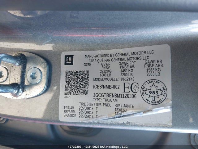 12732203 :رقم المزاد ، 1GCGTBEN8M1126306 vin ، 2021 Chevrolet Colorado مزاد بيع