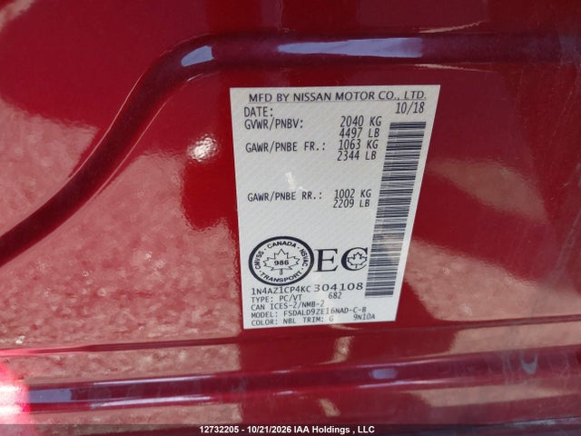Aukcja sprzedaży 2019 Nissan Leaf S/sl/sv, vin: 1N4AZ1CP4KC304108, numer aukcji: 12732205