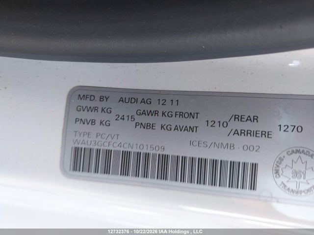 12732376 :رقم المزاد ، WAU3GCFC4CN101509 vin ، 2012 Audi A7 Premium مزاد بيع