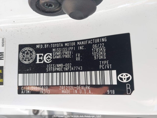 12732441 :رقم المزاد ، 5YFBPMBE1NP347743 vin ، 2022 Toyota Corolla Le مزاد بيع