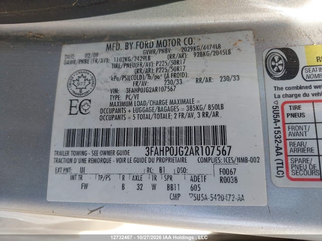 12732467 :رقم المزاد ، 3FAHP0JG2AR107567 vin ، 2010 Ford Fusion Sel مزاد بيع