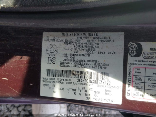 Продажа на аукционе авто 2011 Ford Fusion Sel, vin: 3FAHP0JGXBR175729, номер лота: 12732472