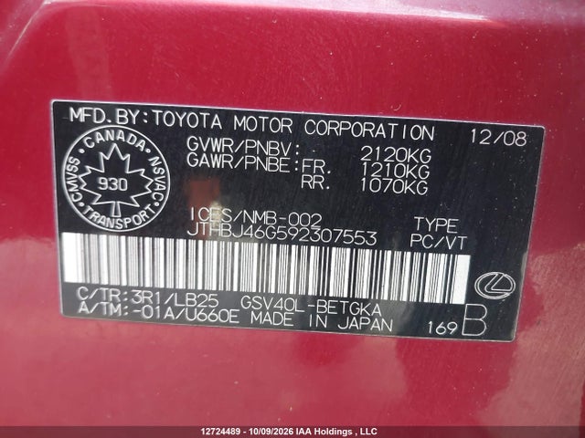Aukcja sprzedaży 2009 Lexus Es 350 350, vin: JTHBJ46G592307553, numer aukcji: 12724489