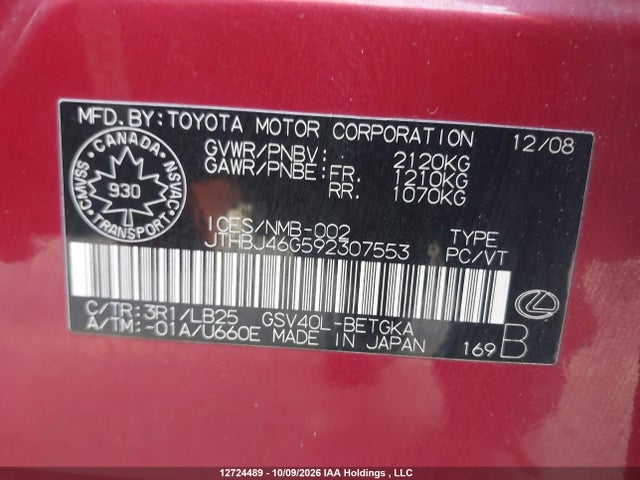 Aukcja sprzedaży 2009 Lexus Es 350 350, vin: JTHBJ46G592307553, numer aukcji: 12724489