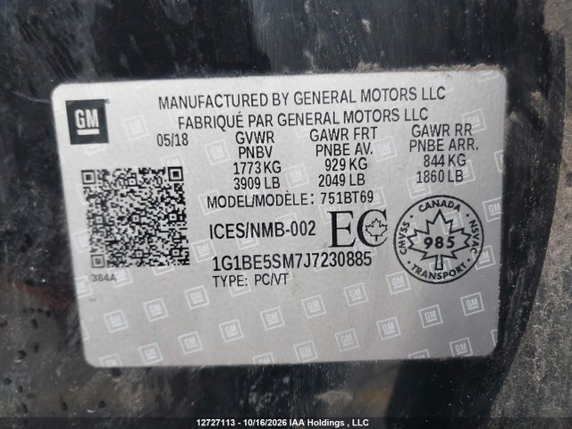 12727113 :رقم المزاد ، 1G1BE5SM7J7230885 vin ، 2018 Chevrolet Cruze Lt Auto مزاد بيع