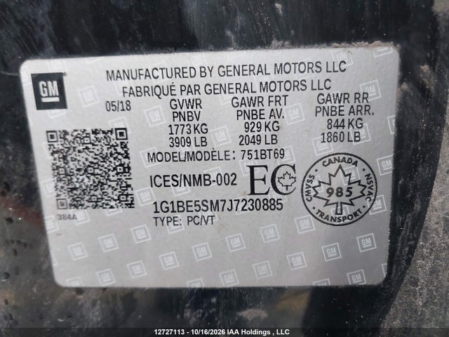 12727113 :رقم المزاد ، 1G1BE5SM7J7230885 vin ، 2018 Chevrolet Cruze Lt Auto مزاد بيع