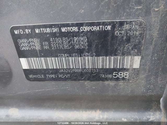 Auction sale of the 2015 Mitsubishi Lancer Se, vin: JA32V2FW9FU602753, lot number: 12732496