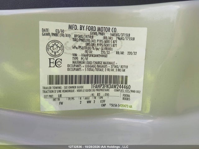 Aukcja sprzedaży 2010 Ford Focus Se, vin: 1FAHP3FN3AW244460, numer aukcji: 12732536