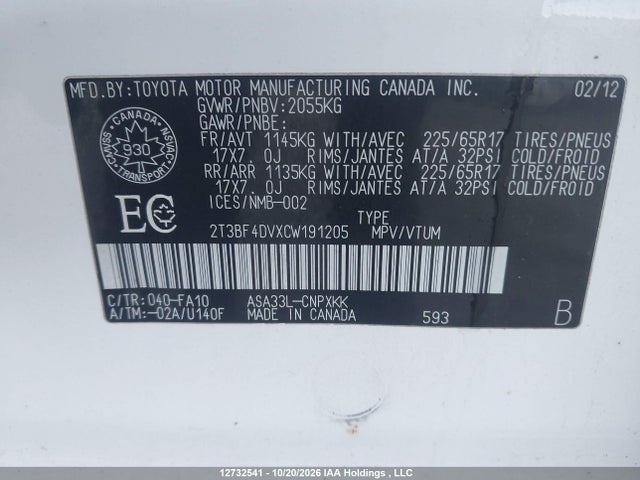 12732541 :رقم المزاد ، 2T3BF4DVXCW191205 vin ، 2012 Toyota Rav4 مزاد بيع