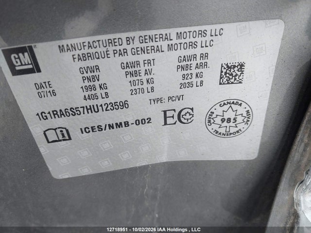 12718951 :رقم المزاد ، 1G1RA6S57HU123596 vin ، 2017 Chevrolet Volt Lt مزاد بيع