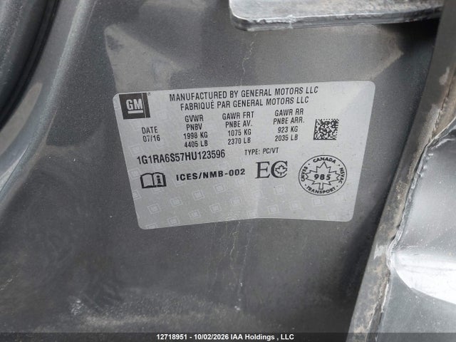 12718951 :رقم المزاد ، 1G1RA6S57HU123596 vin ، 2017 Chevrolet Volt Lt مزاد بيع