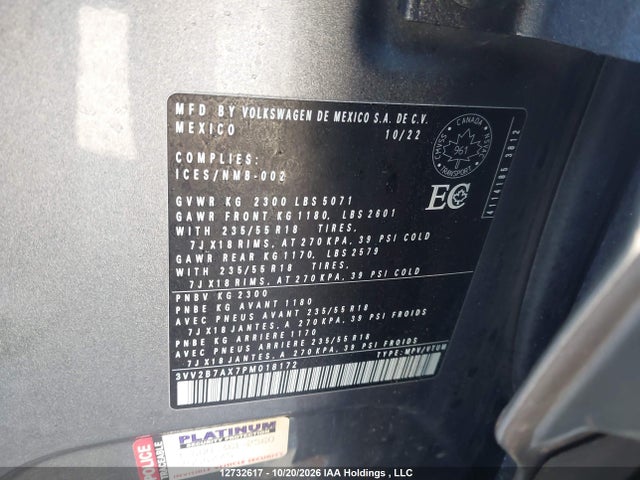 12732617 :رقم المزاد ، 3VV2B7AX7PM018172 vin ، 2023 Volkswagen Tiguan Comfortline مزاد بيع
